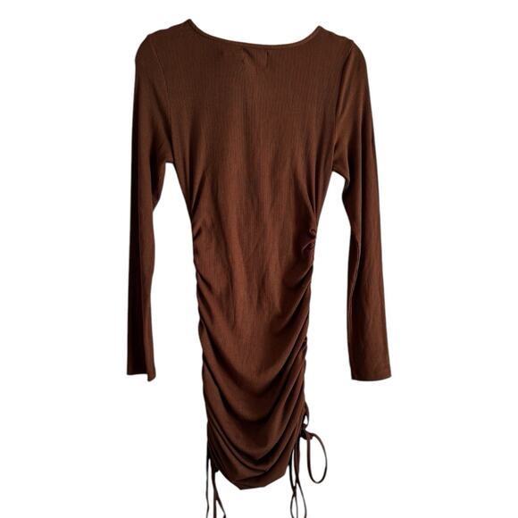 Princess Polly Brown Neive Long Sleeve Ribbed Ruched Mini Dress Size 6 - Picture 5 of 7